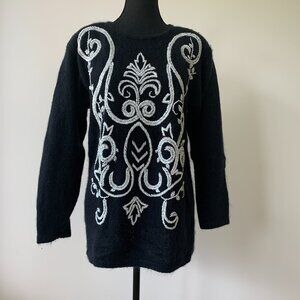 Vintage I.B. Diffusion Black Beaded Sweater with Shoulder Pads - Medium